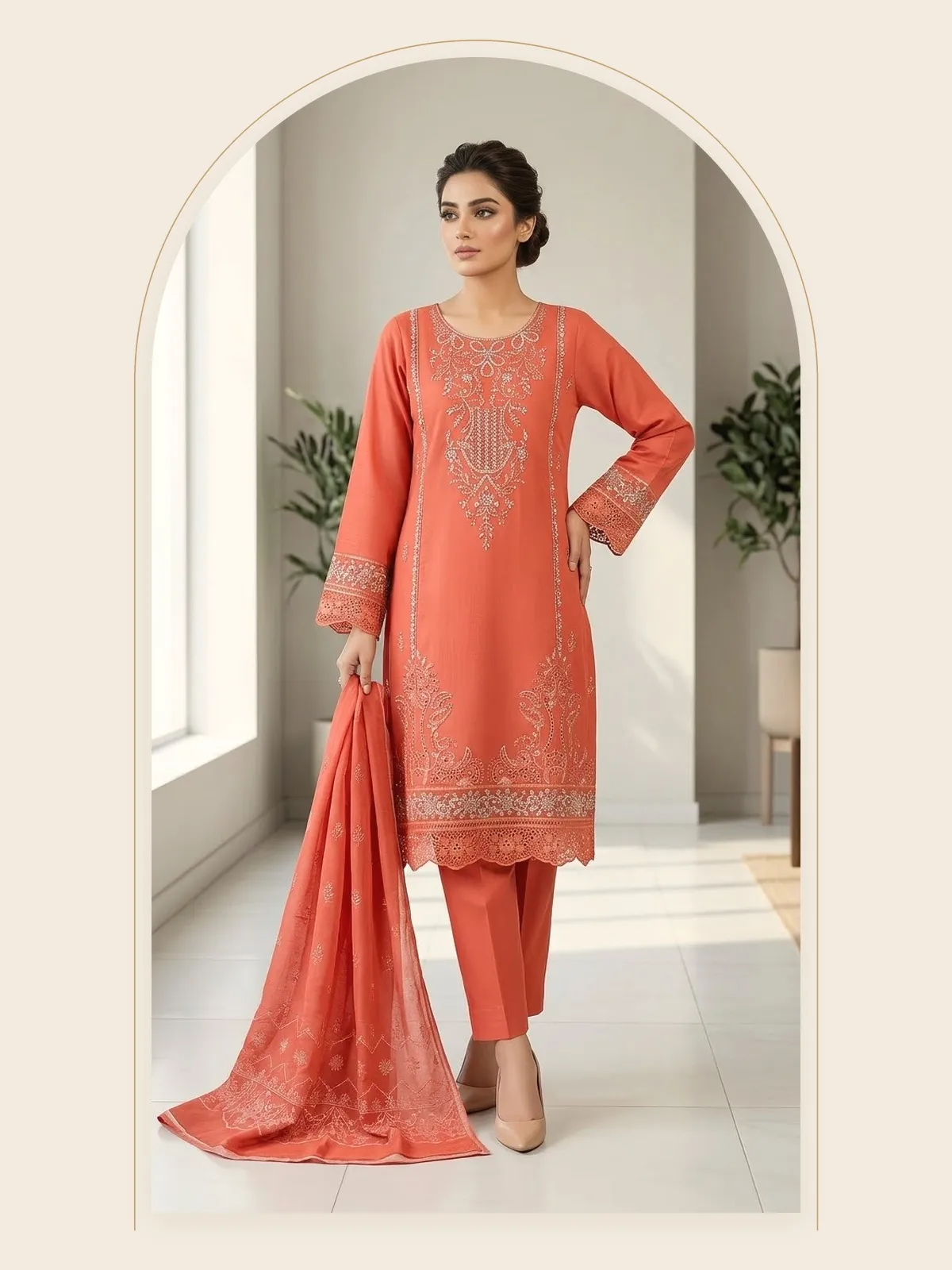 Aatish — Coral Embroidered 3-Piece